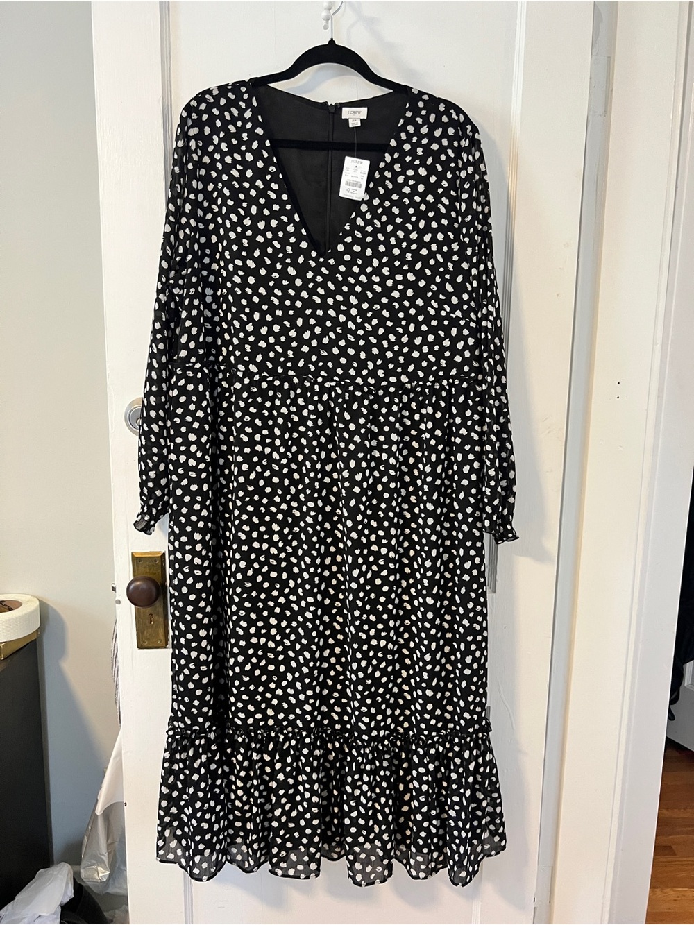 NWT J.Crew Crinkle V-Neck Tiered Midi Dress Black White Spot Dot Size 2X